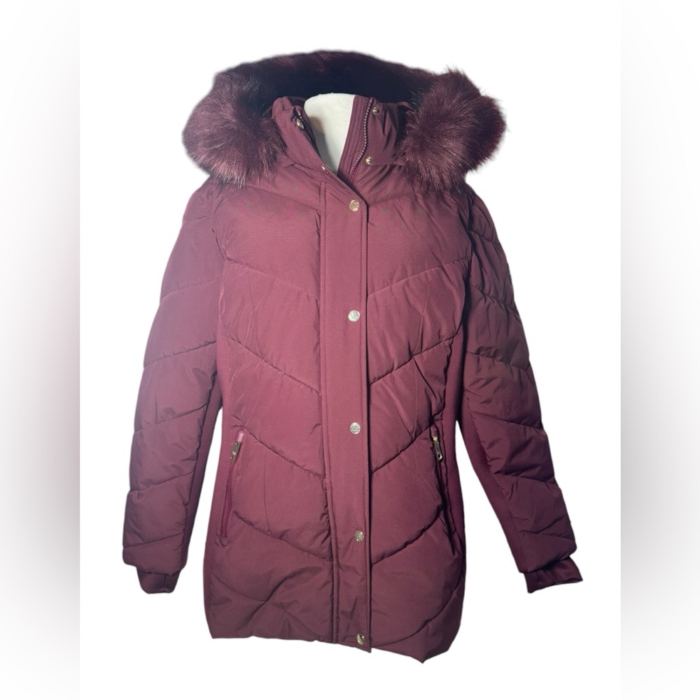 MICHAEL KORS Women’s Dark Burgundy Puffer Jacket Faux Fur Lined Hood XL NWT